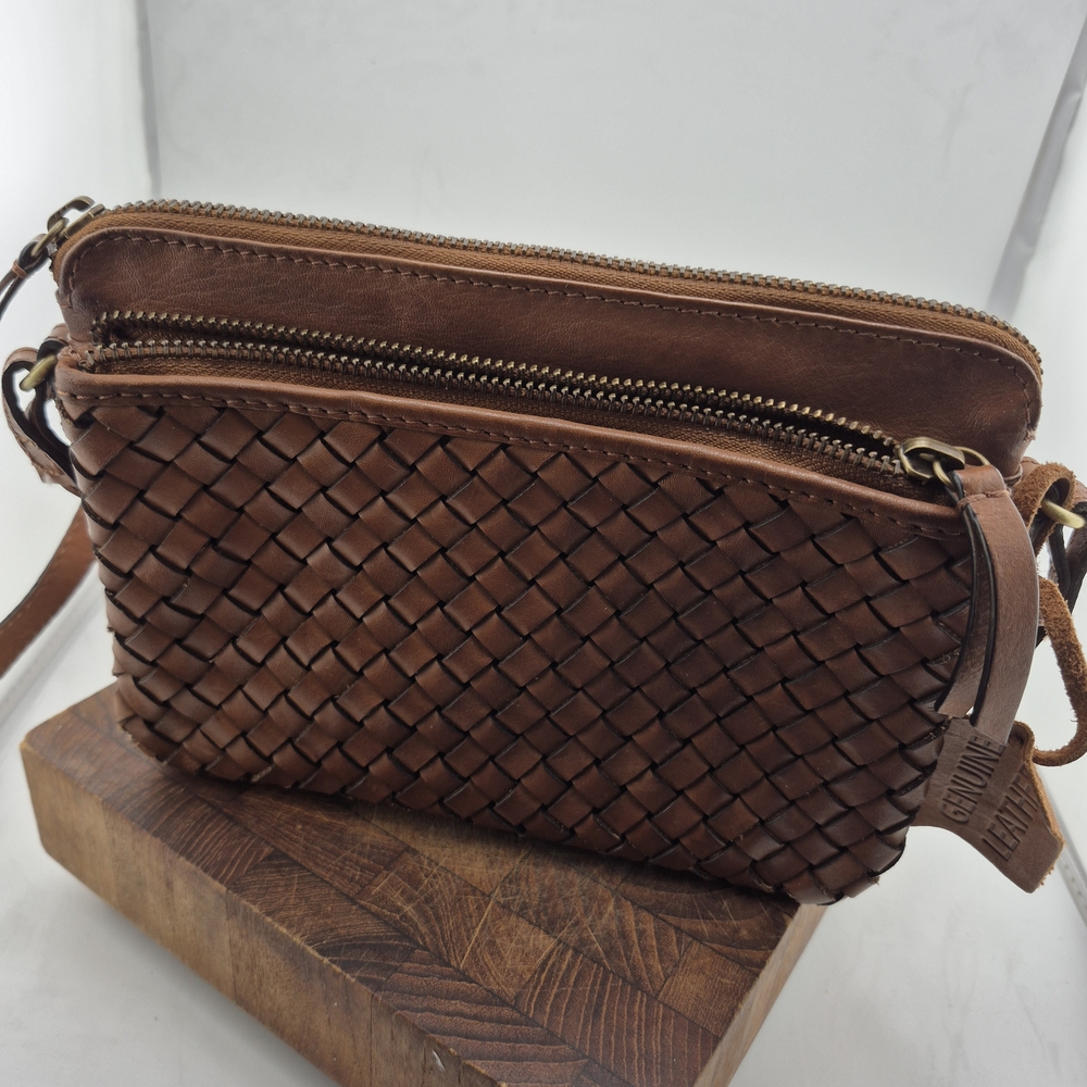 Brown Leather Woven Crossbody Bag